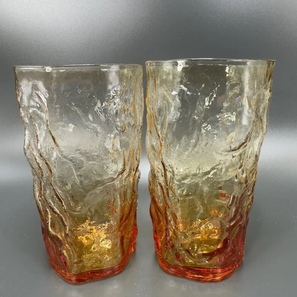1970s Seneca Driftwood Amber Crinkle Glass Highball Tumblers Cups Set 4‎ Vintage